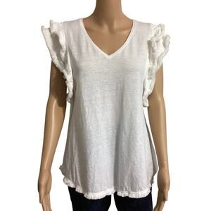 Chico's Ivory Linen Blend Flutter Sleeve Top V-Neck Frayed Trim Slub Knit sz 2/L